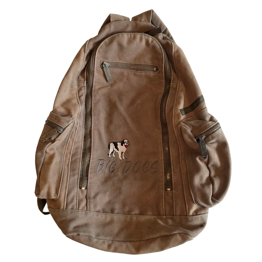 Vintage 90s Big Dogs Canvas Traveler Backpack Khaki Brown Rucksack Embroidered